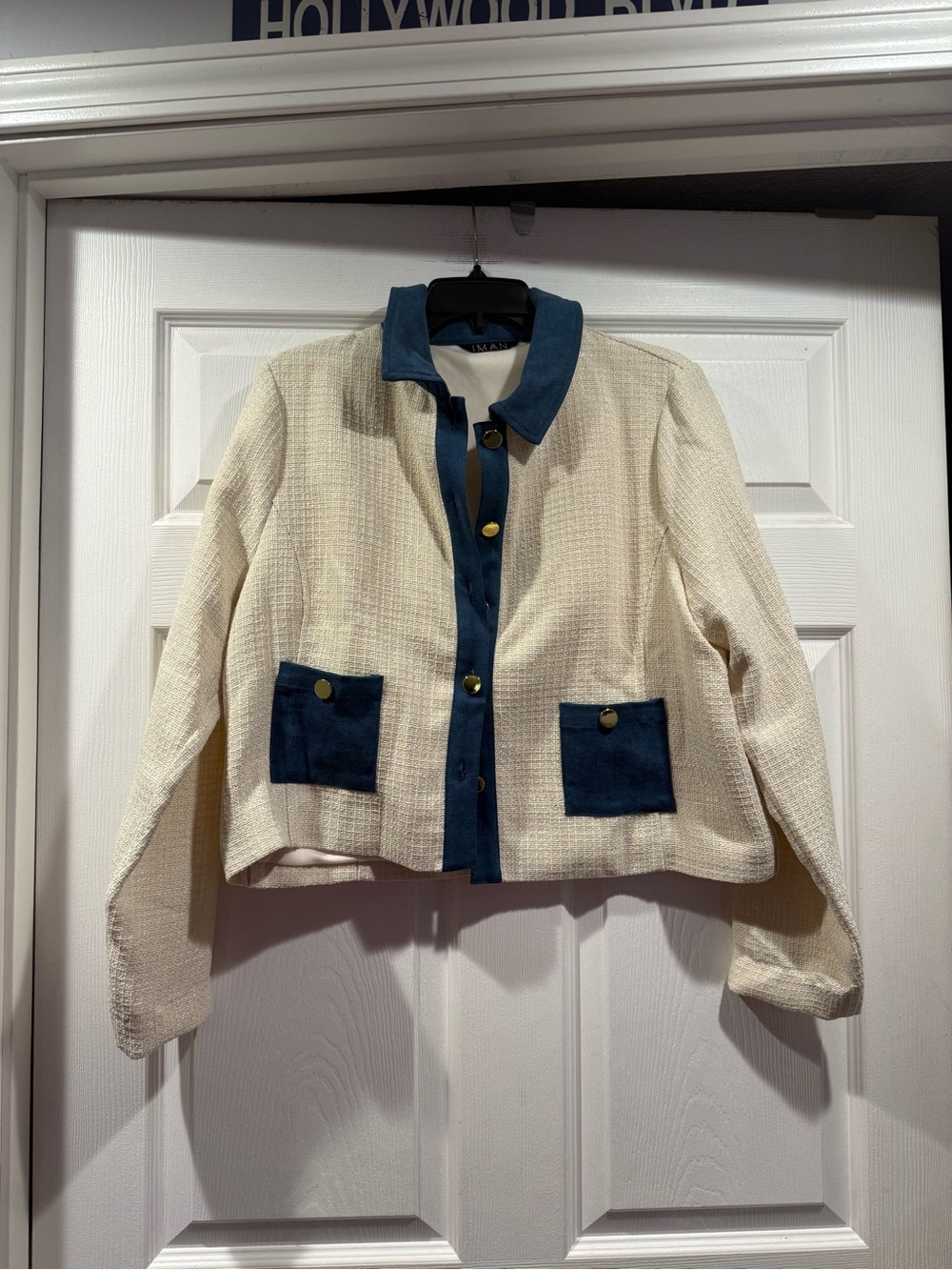 IMAN Cream Tweed Blazer with Blue Trim. Size medium